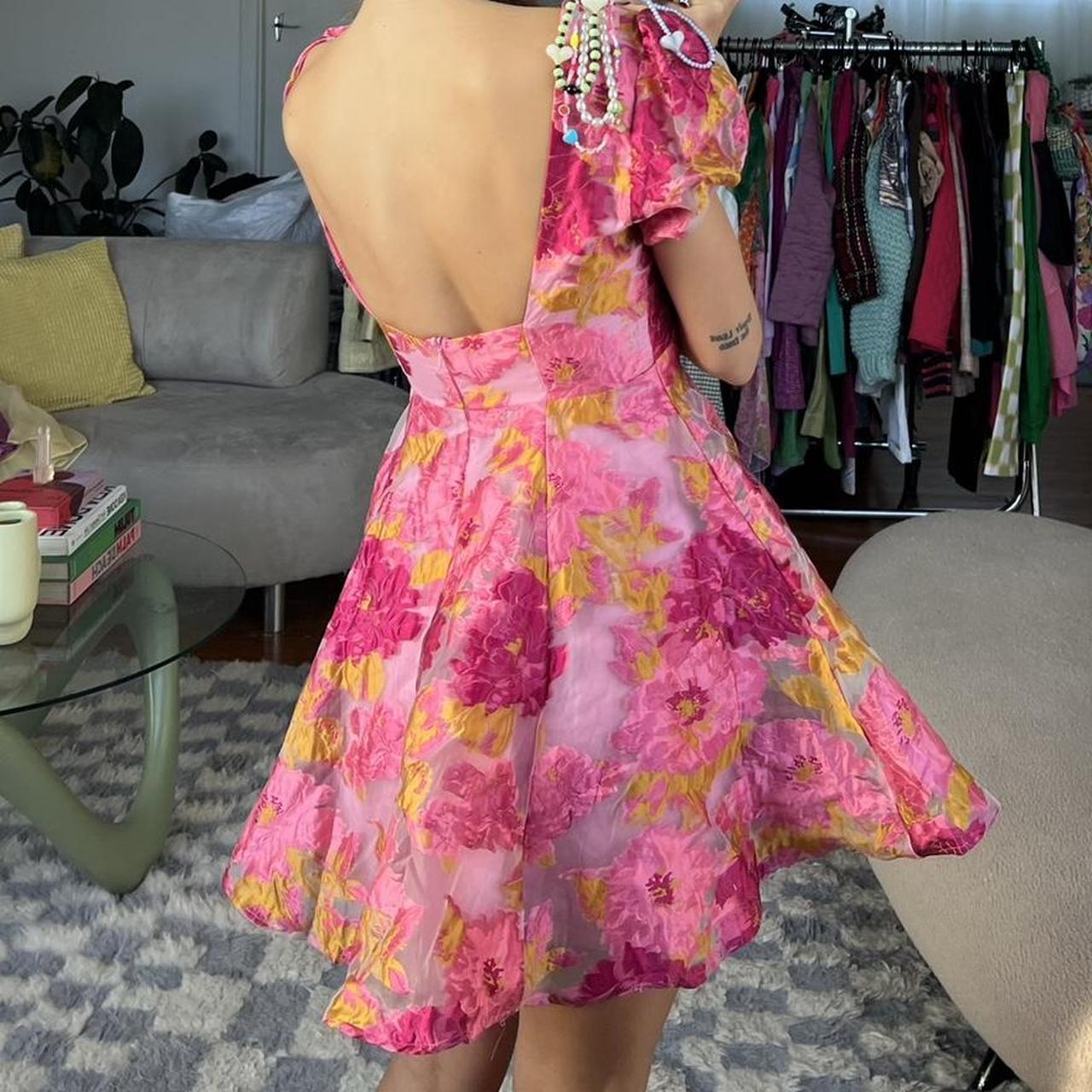 Romantic pink and orange mini dress with stiff -... - Depop