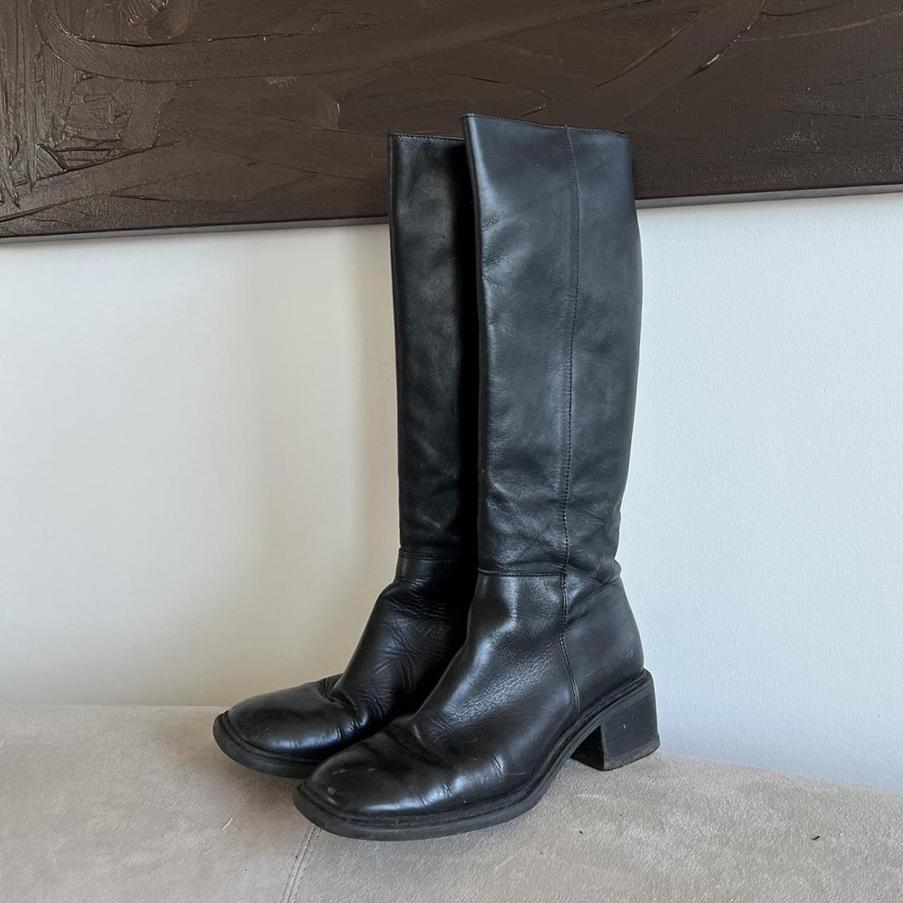 Vintage black leather knee high boots with... - Depop