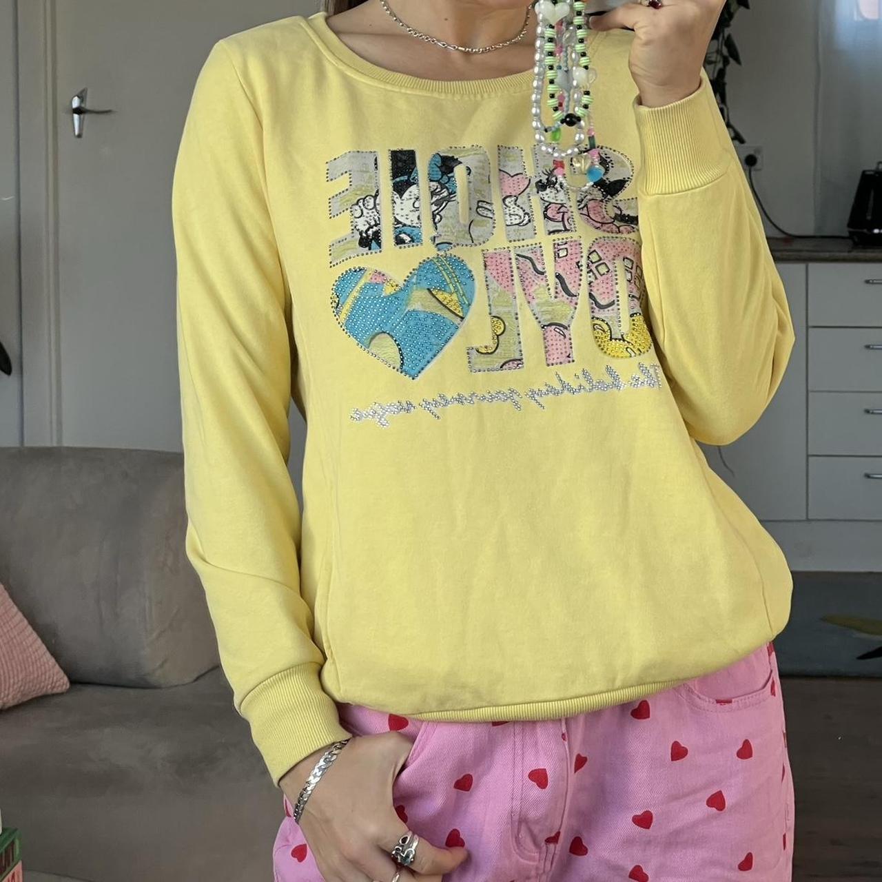 Lemon yellow crew neck jumper with rhinestone... - Depop