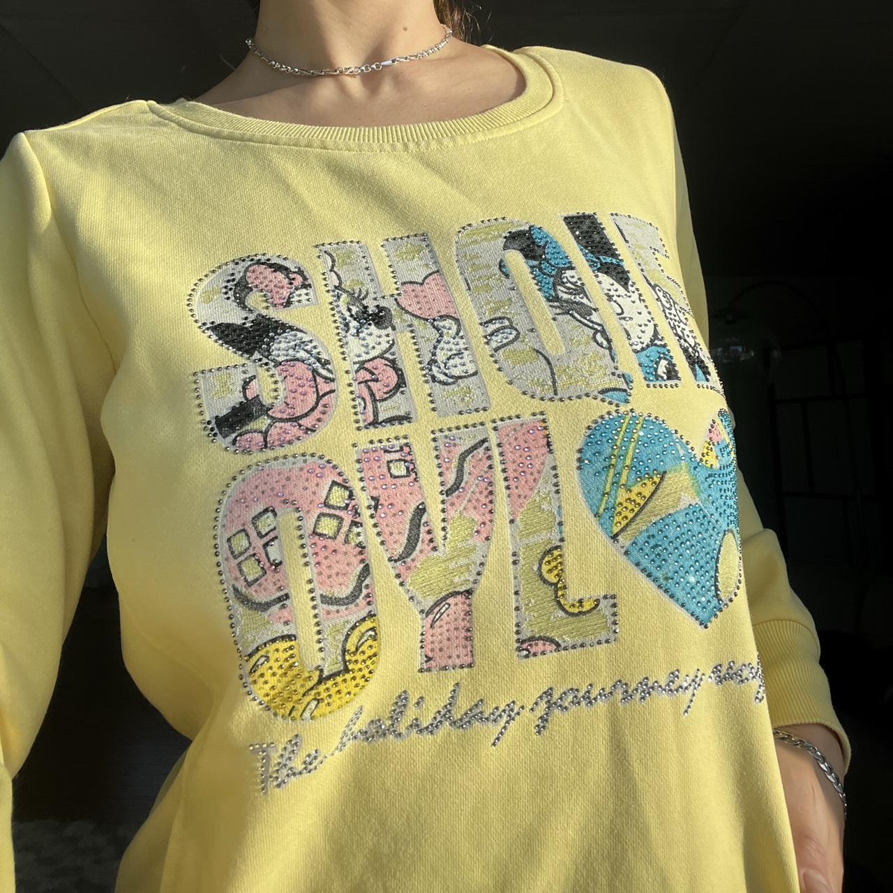 Lemon yellow crew neck jumper with rhinestone... - Depop