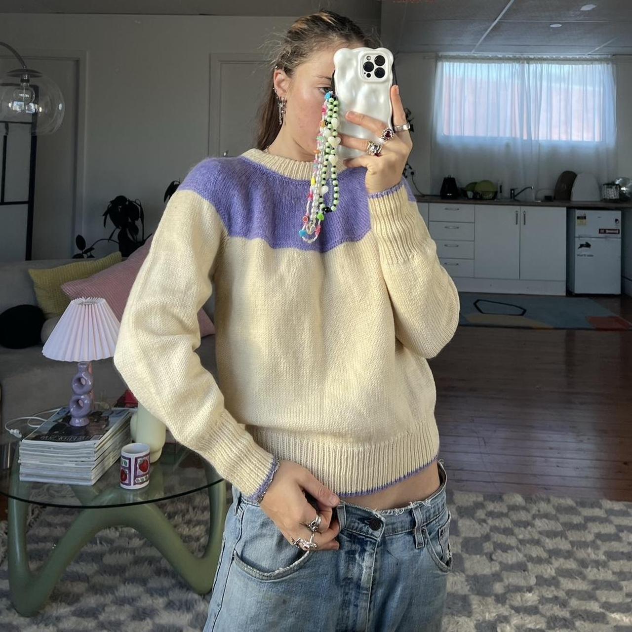 Vintage creamy yellow knit jumper crew neck with... Depop