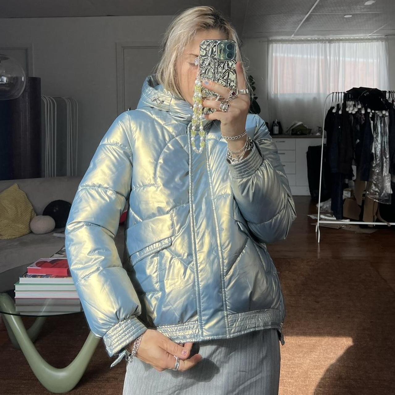 Magical - ice blue metallic puffer jacket with... - Depop