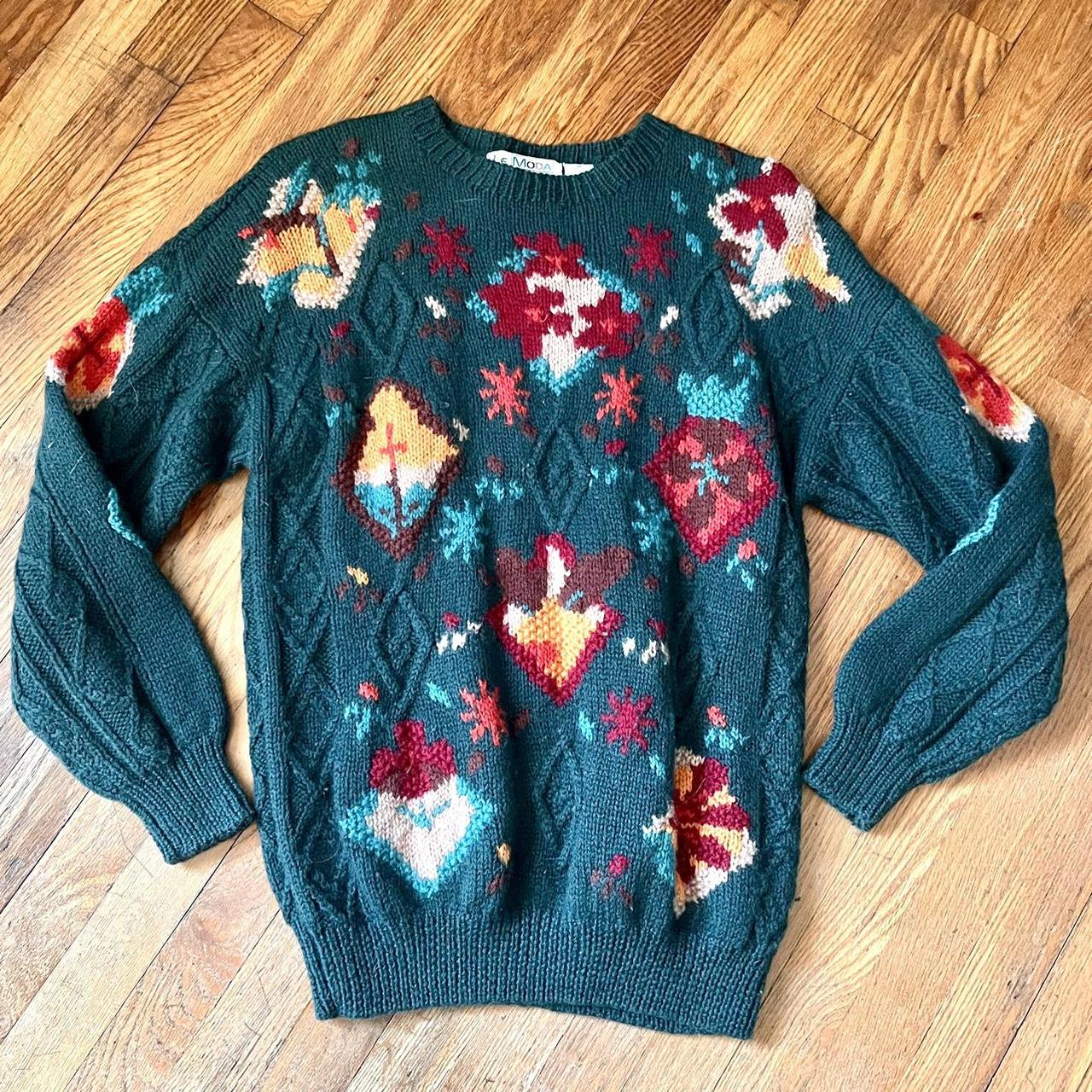VINTAGE 80s/90s Le Moda Hand-Knit Green Fall Wool...