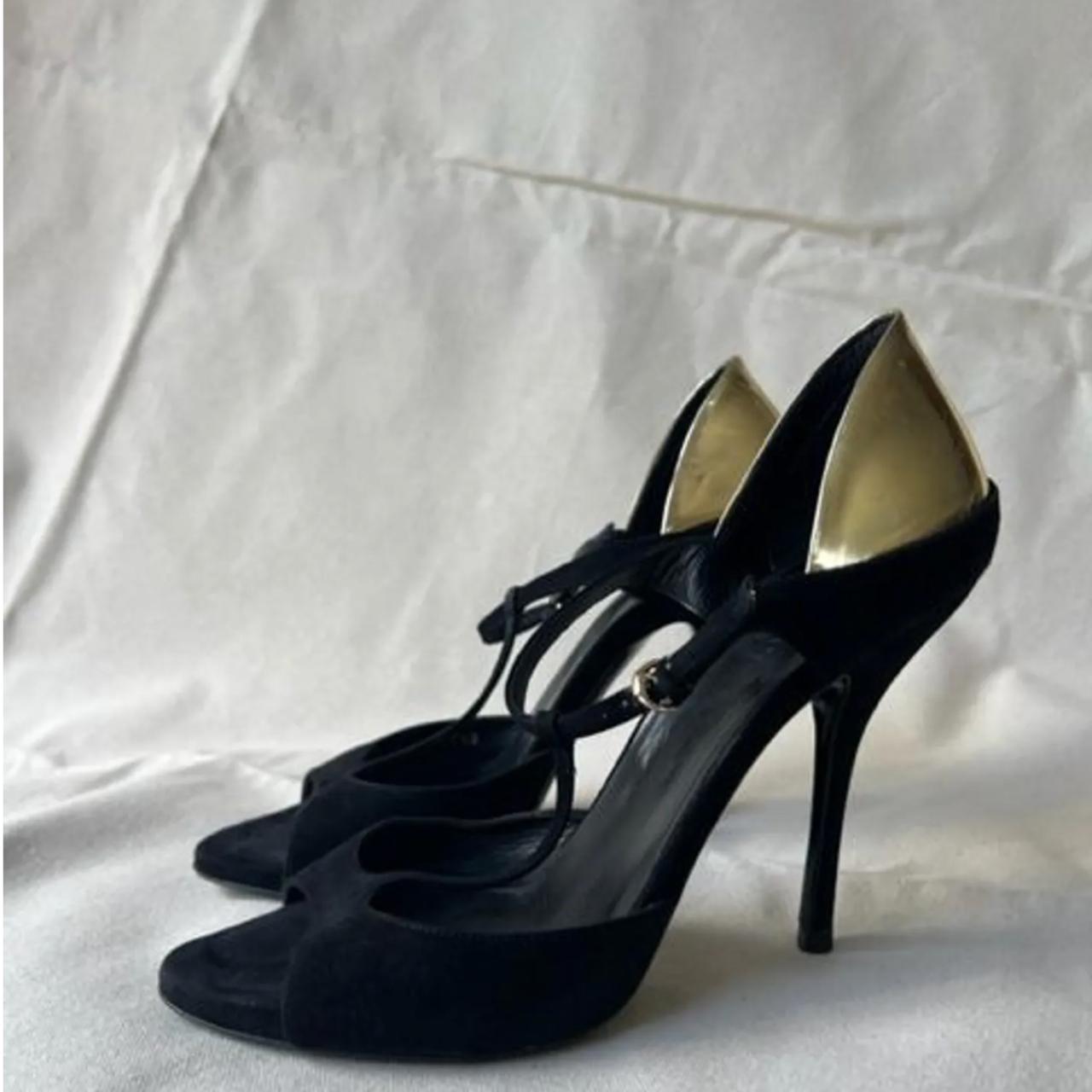 Gucci Black Leather & Suede Peep Toe outlet T-Strap Stiletto Heel Pumps