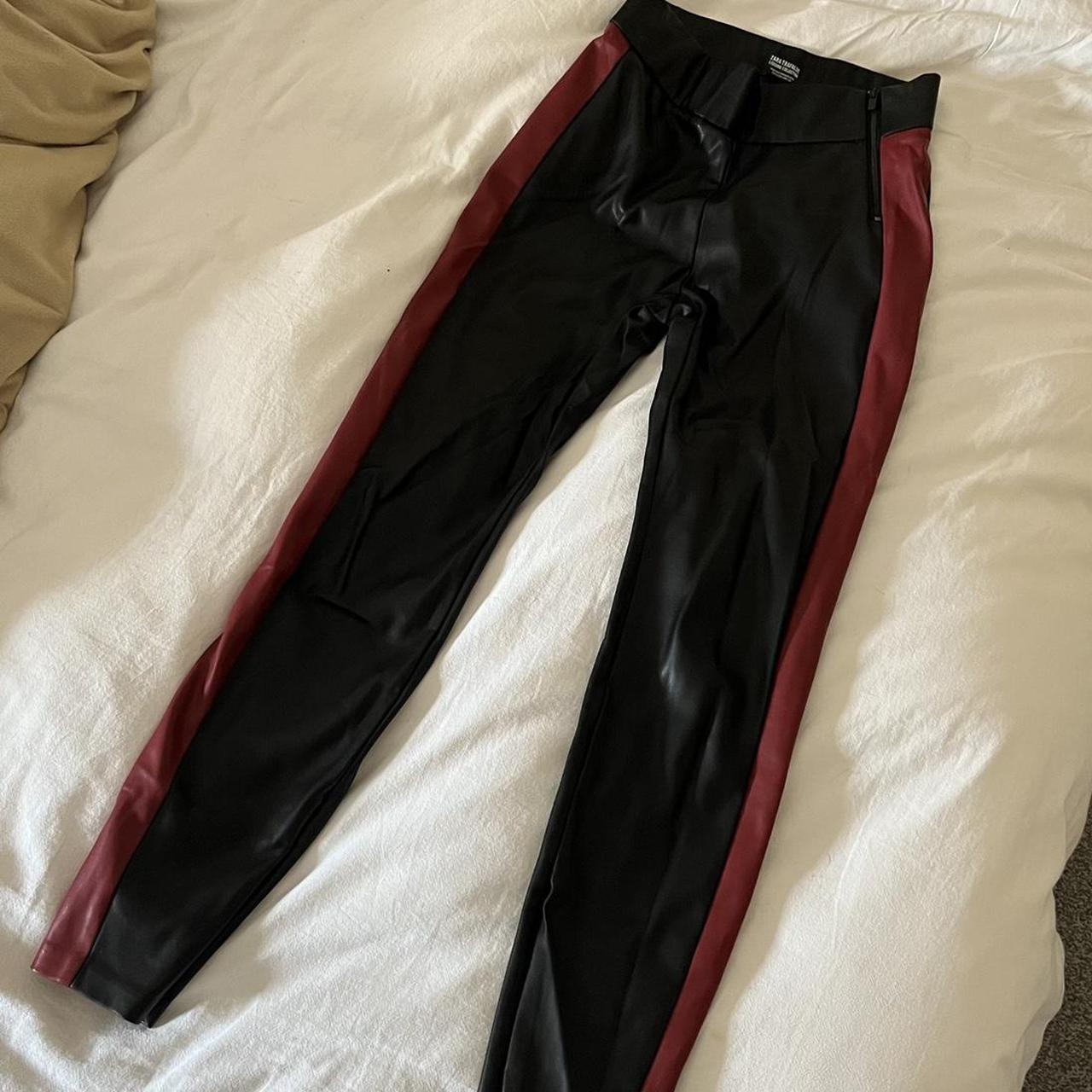 Fake leather black skinny jeans from Zara. Red... - Depop