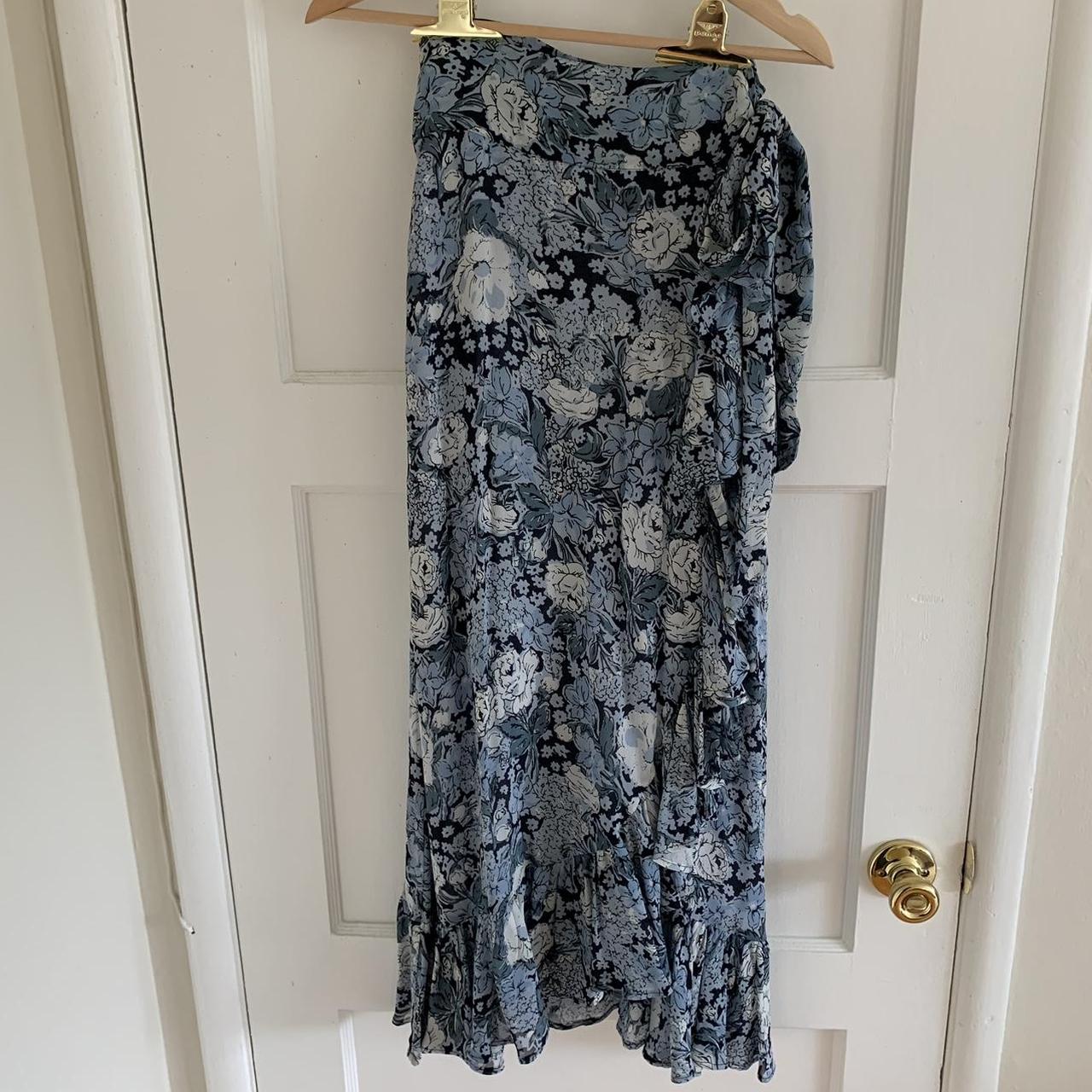 Ganni Elm high-rise crepe wrap skirt in a blue... - Depop