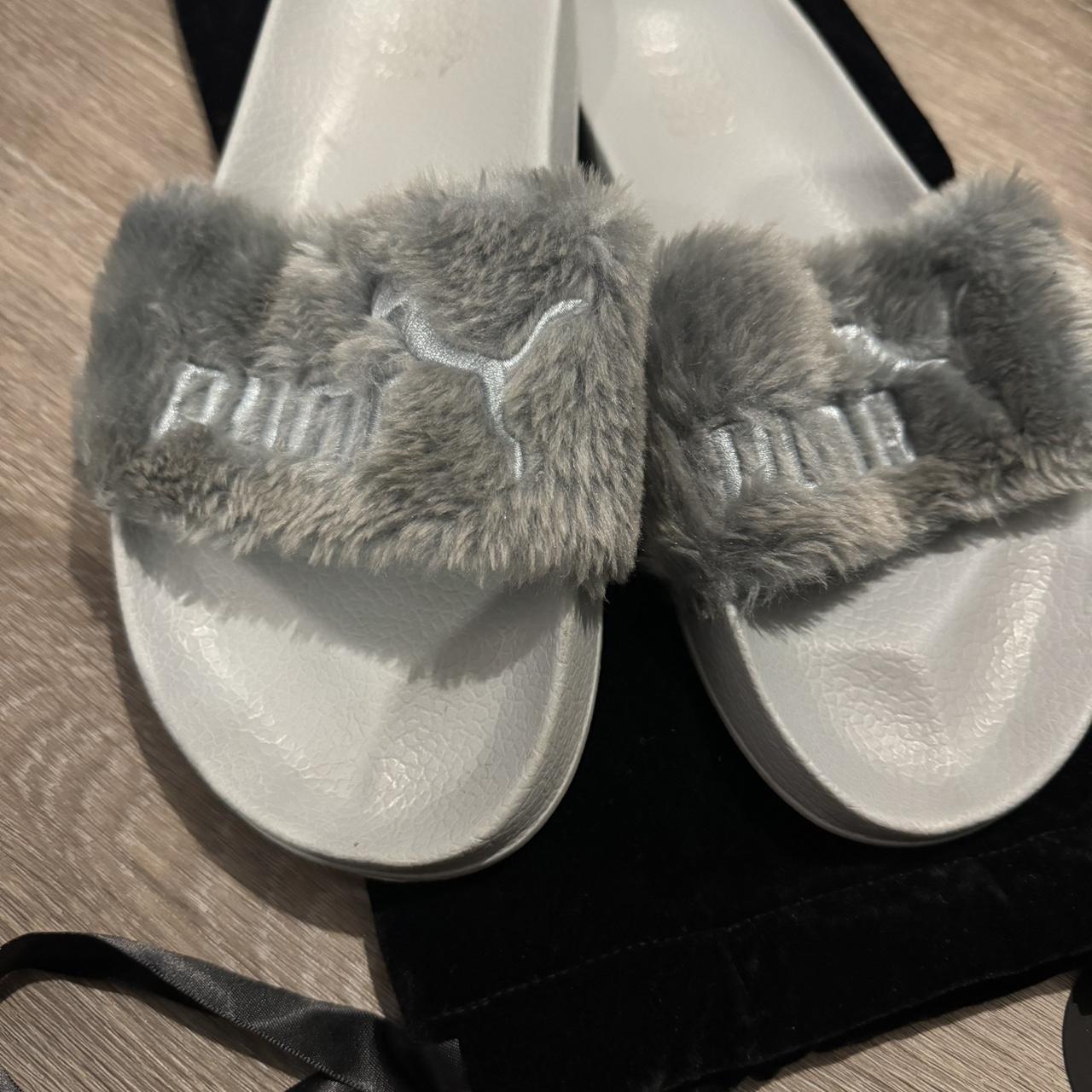 Grey fur puma slides best sale