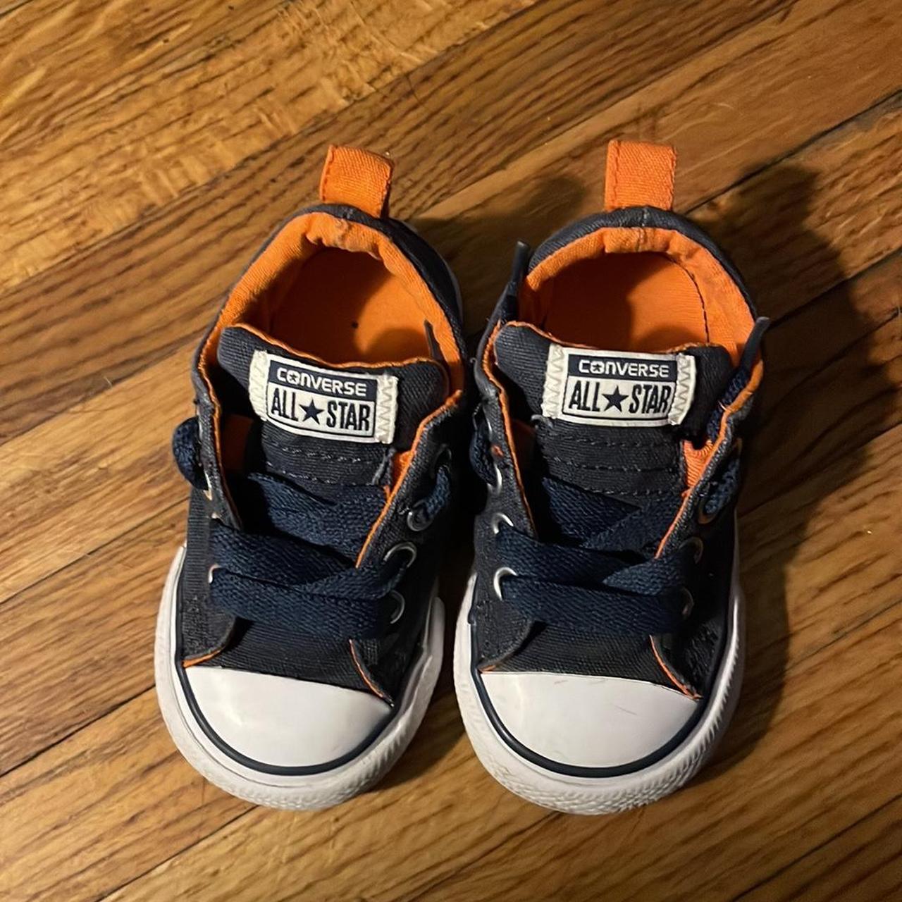 Baby unisex dark blue and orange converse Depop