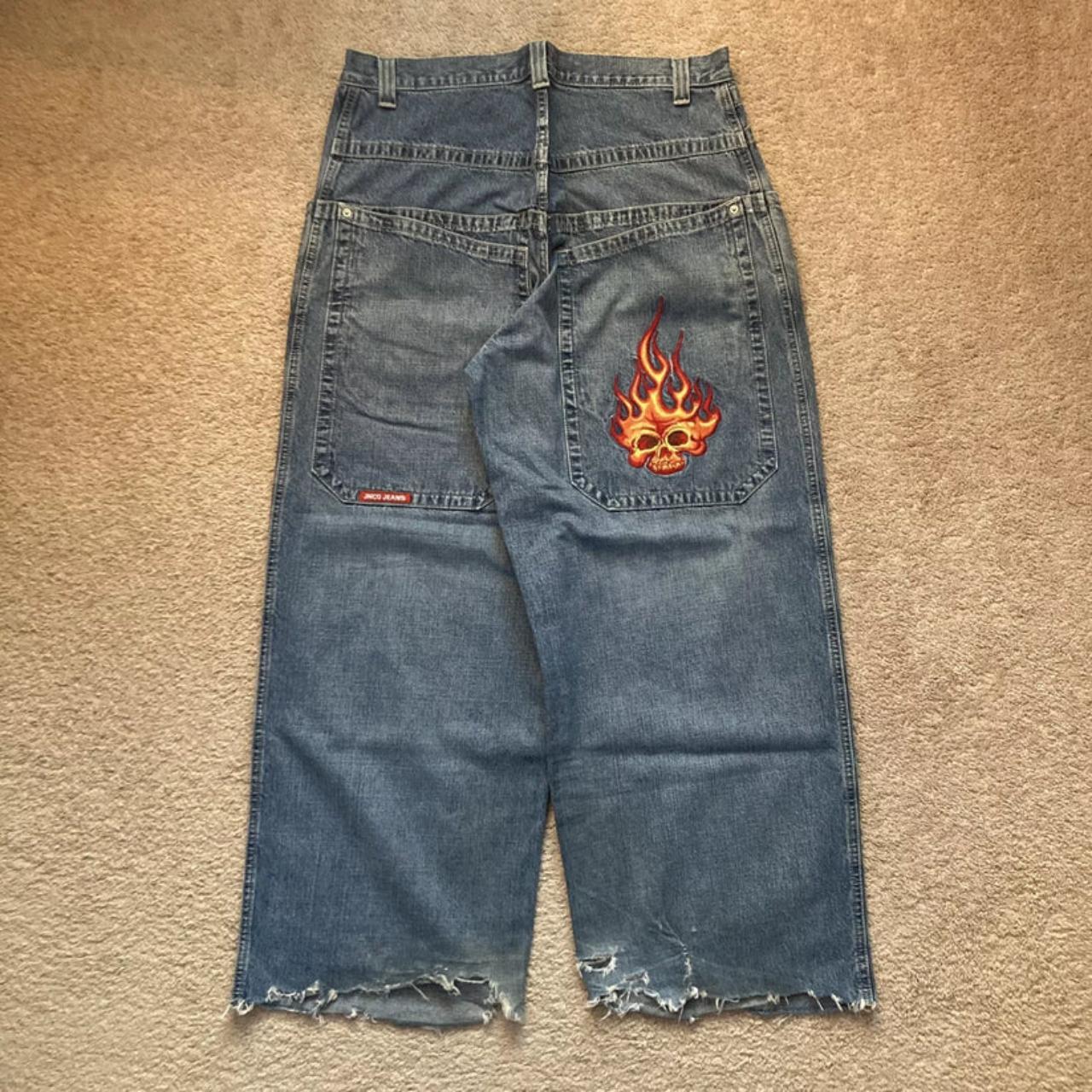 Vintage JNCO Flaming Skull Deep Pocket Blue Denim... - Depop