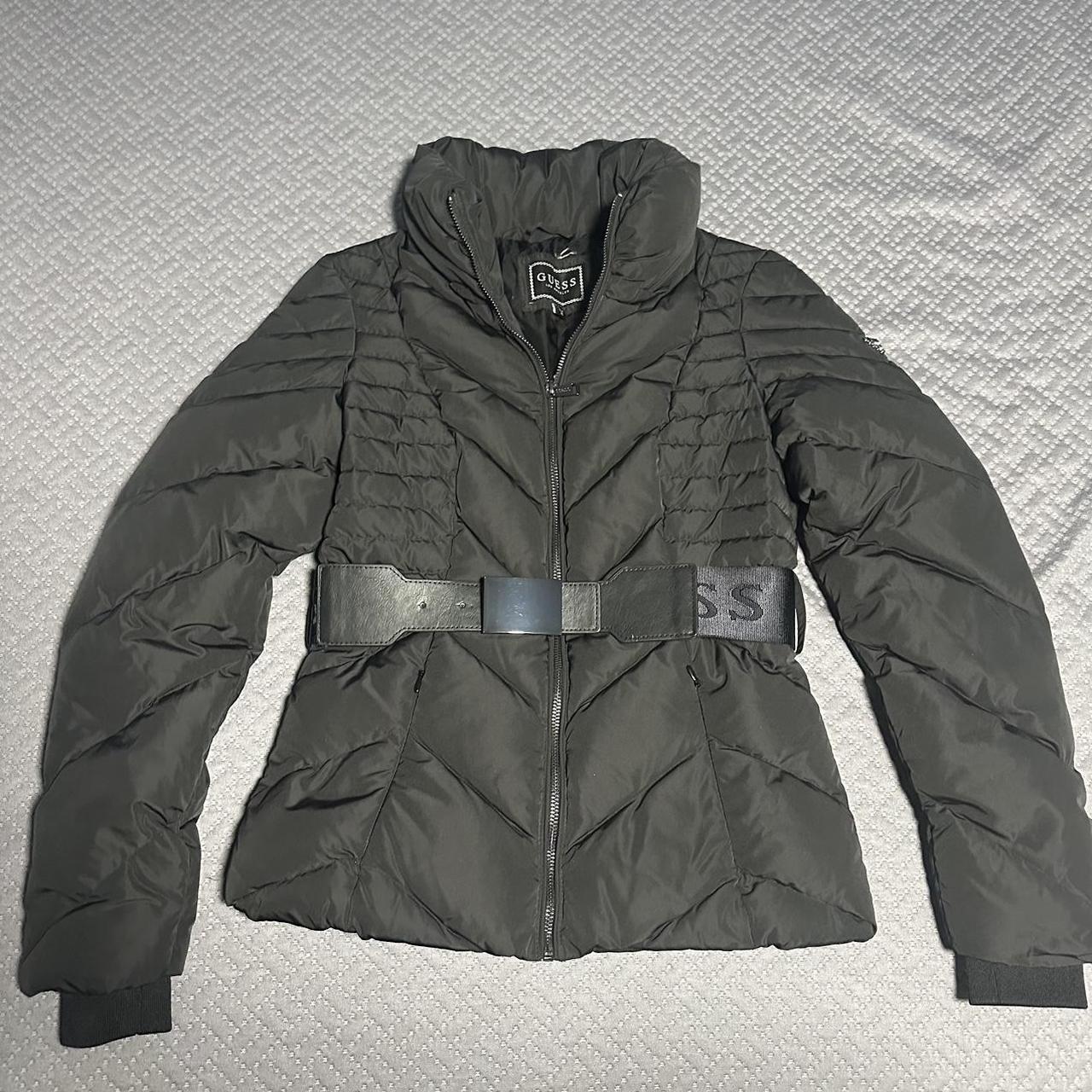 Black guess puffer jacket with belt and zipper