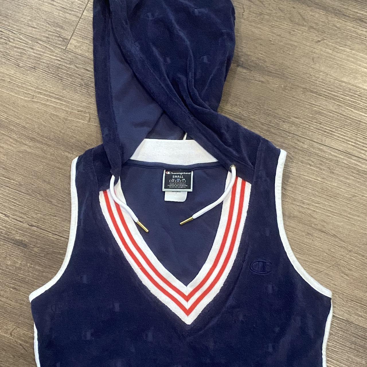 Navy and red Champion sports hoodie romper. In