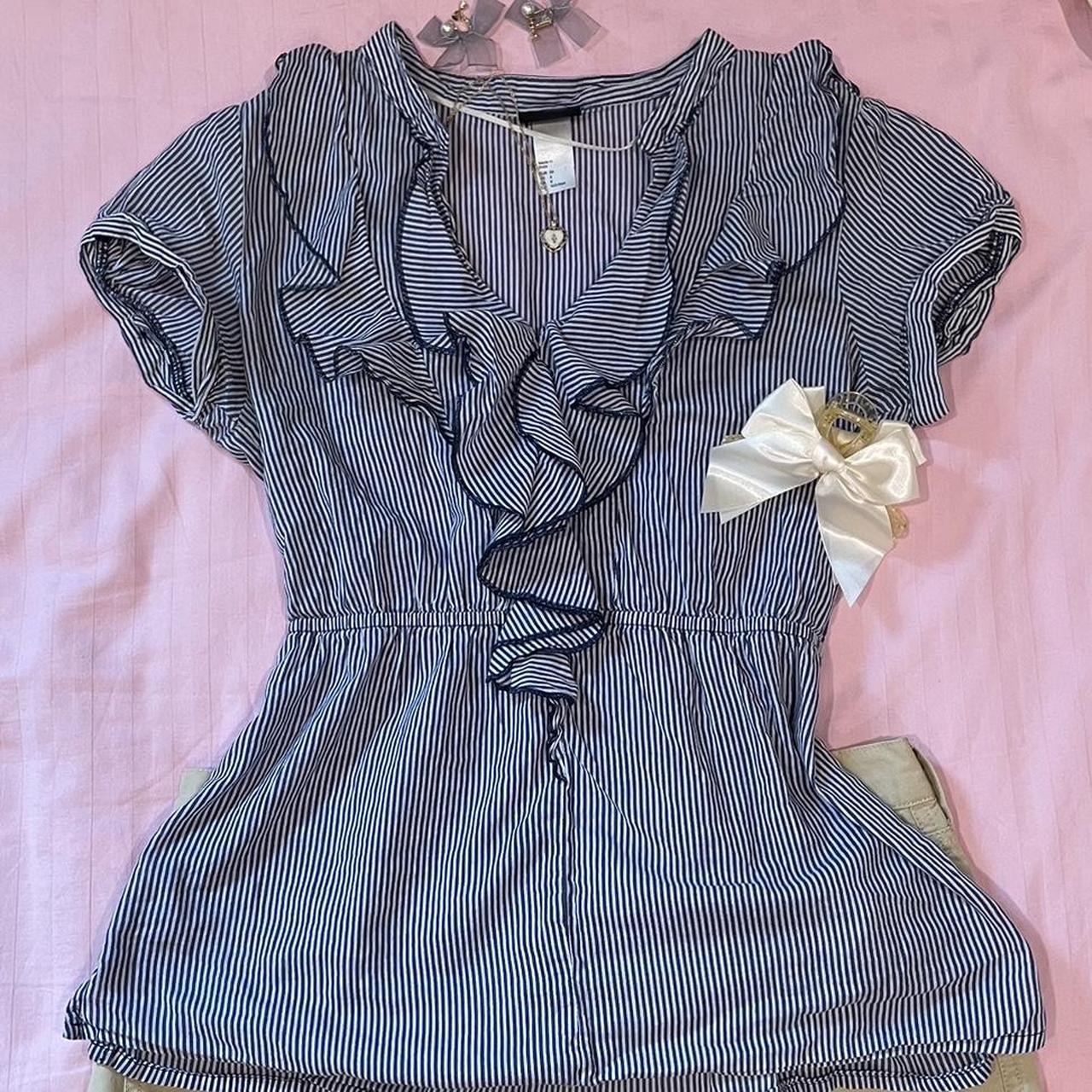 Babydoll Milkmaid Ruffle Pinstripe Button Up good Puff Sleeve Blouse