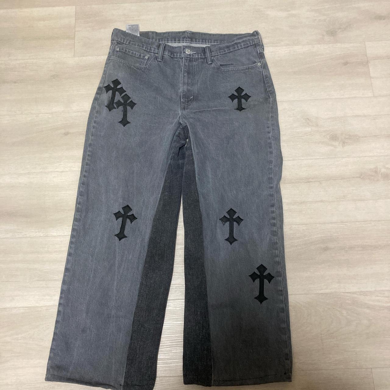 Super baggy vintage custom jeans with crosses fit... - Depop