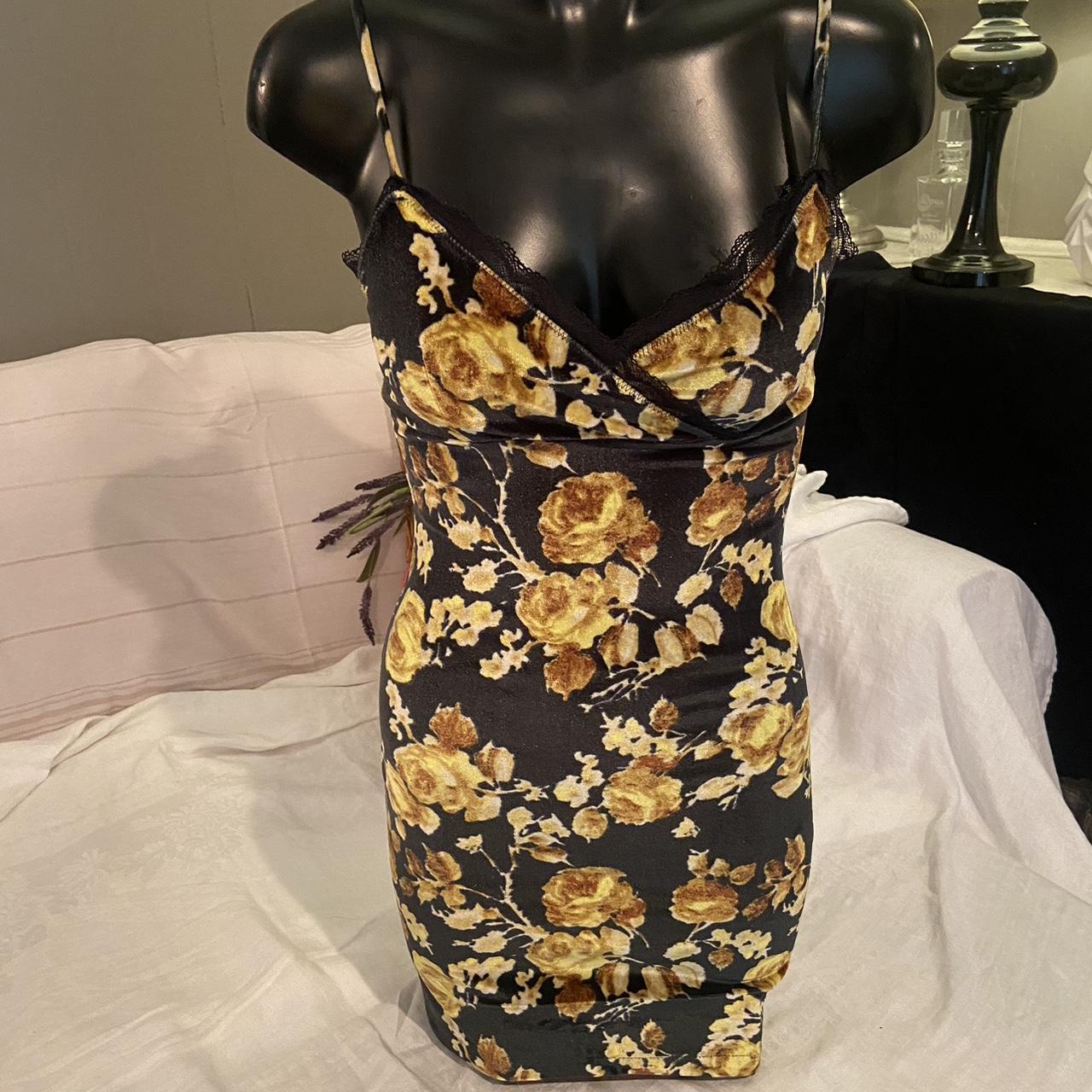 Sexy black velvet yellow roses body hugging dress. Depop