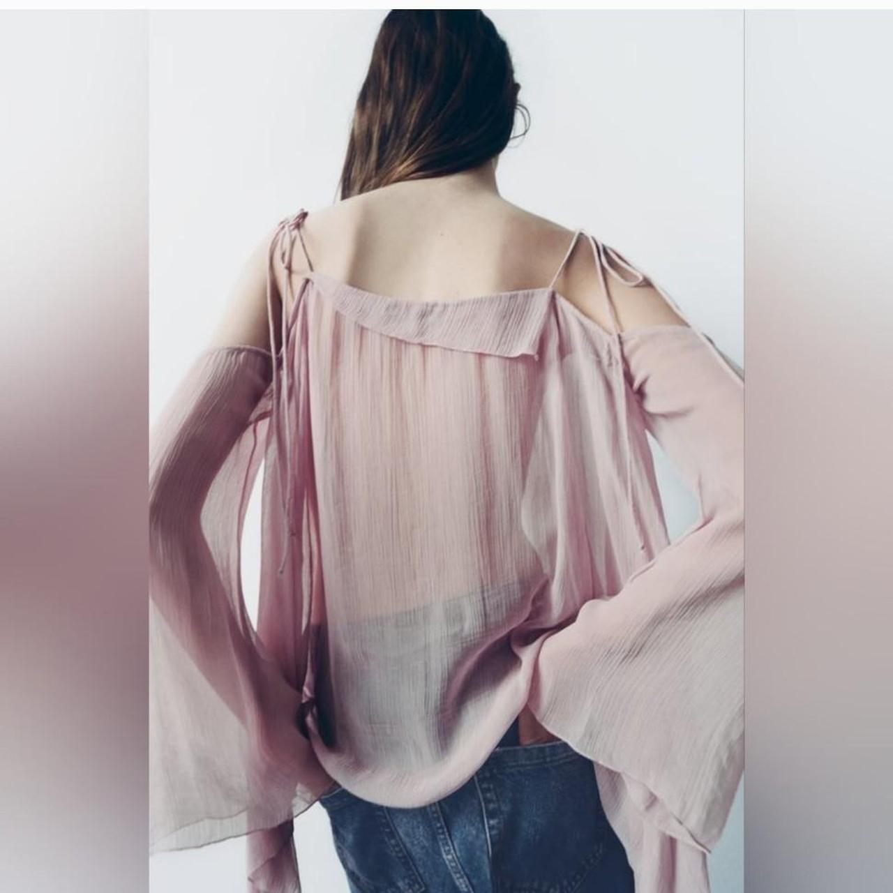 日曜まで★新品/slit ribbon sheer blouse/beige SEMI-SHEER VOLUMINOUS BLOUSE/ Zara 2023 -Pre-owned, | Depop