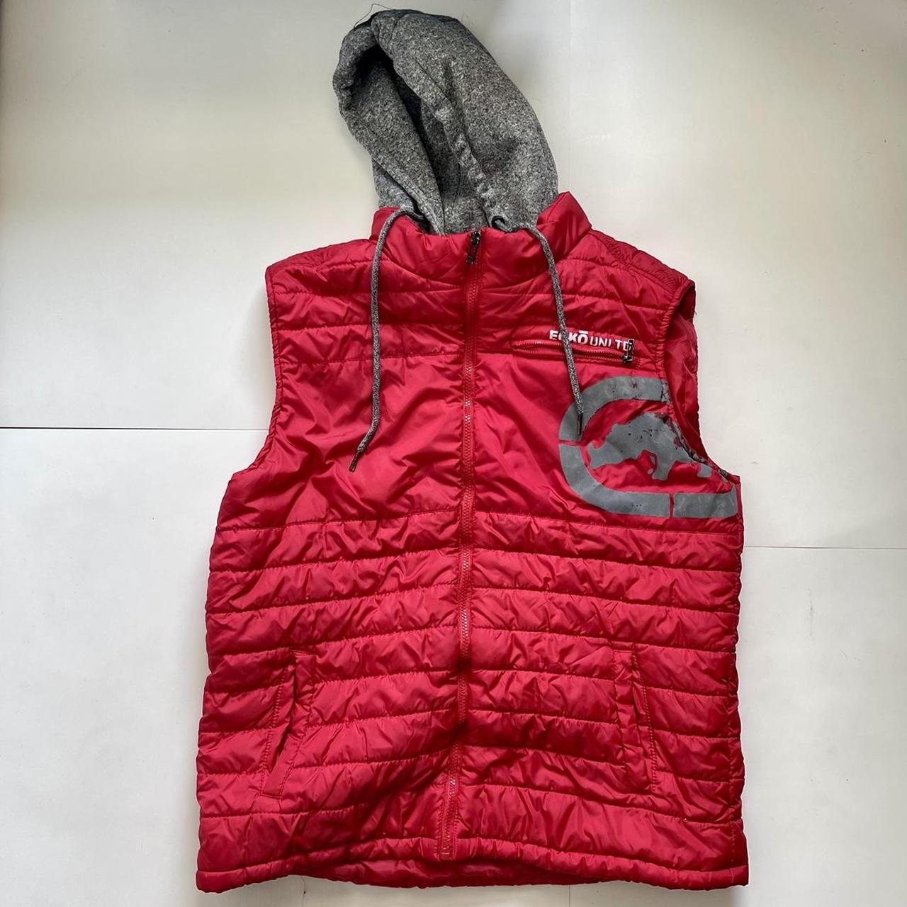 Red and grey Y2K men s hooded puffer vest Brand Depop