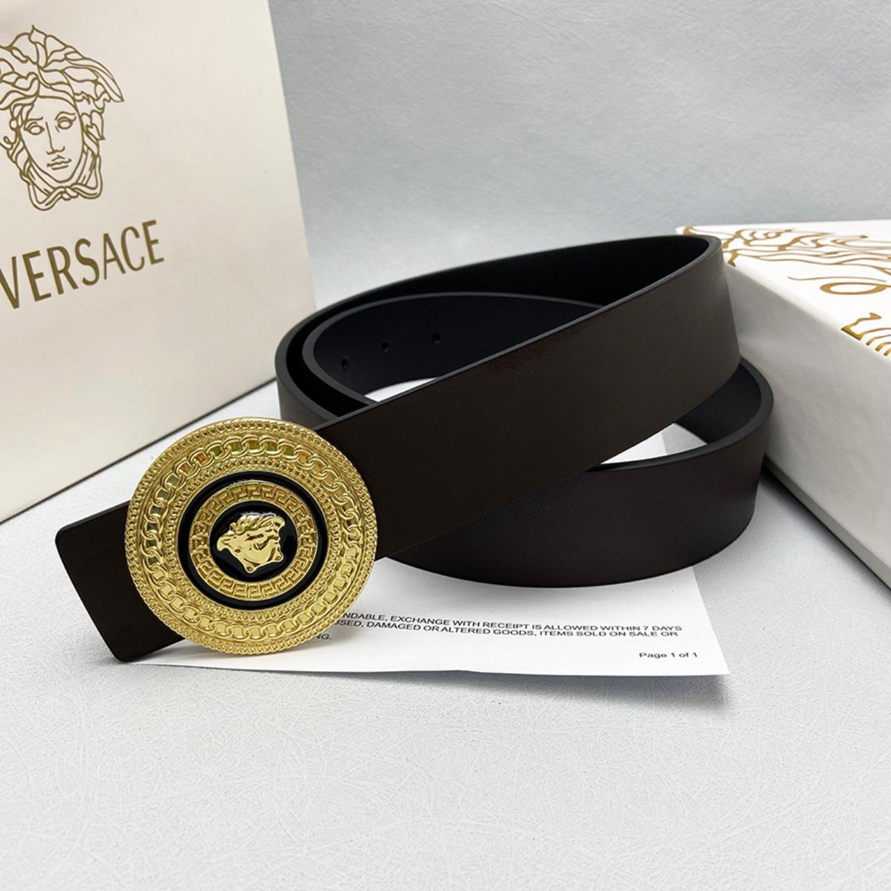 Unisex Versace belt with gold Medusa head in Greek... - Depop