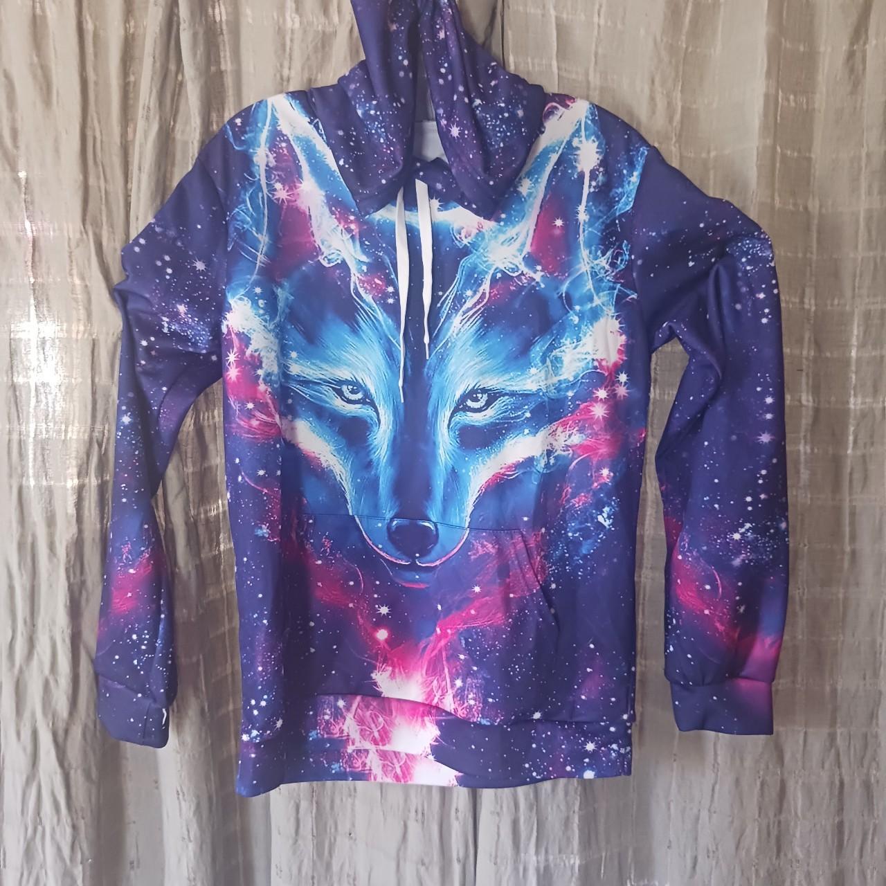 Galaxy wolf hoodie with a purple background. Long