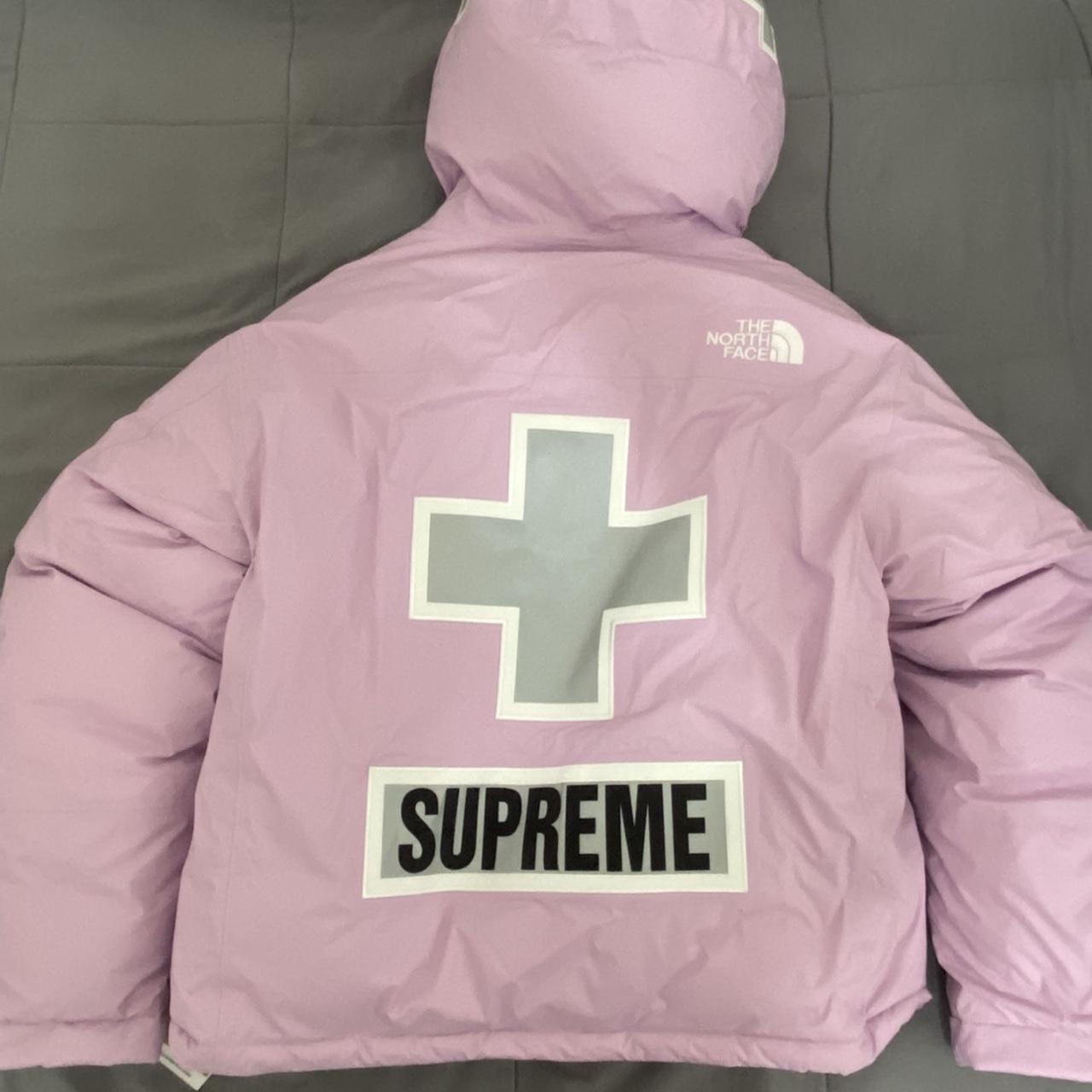 Pink supreme x north face puffer jacket size XL - Depop