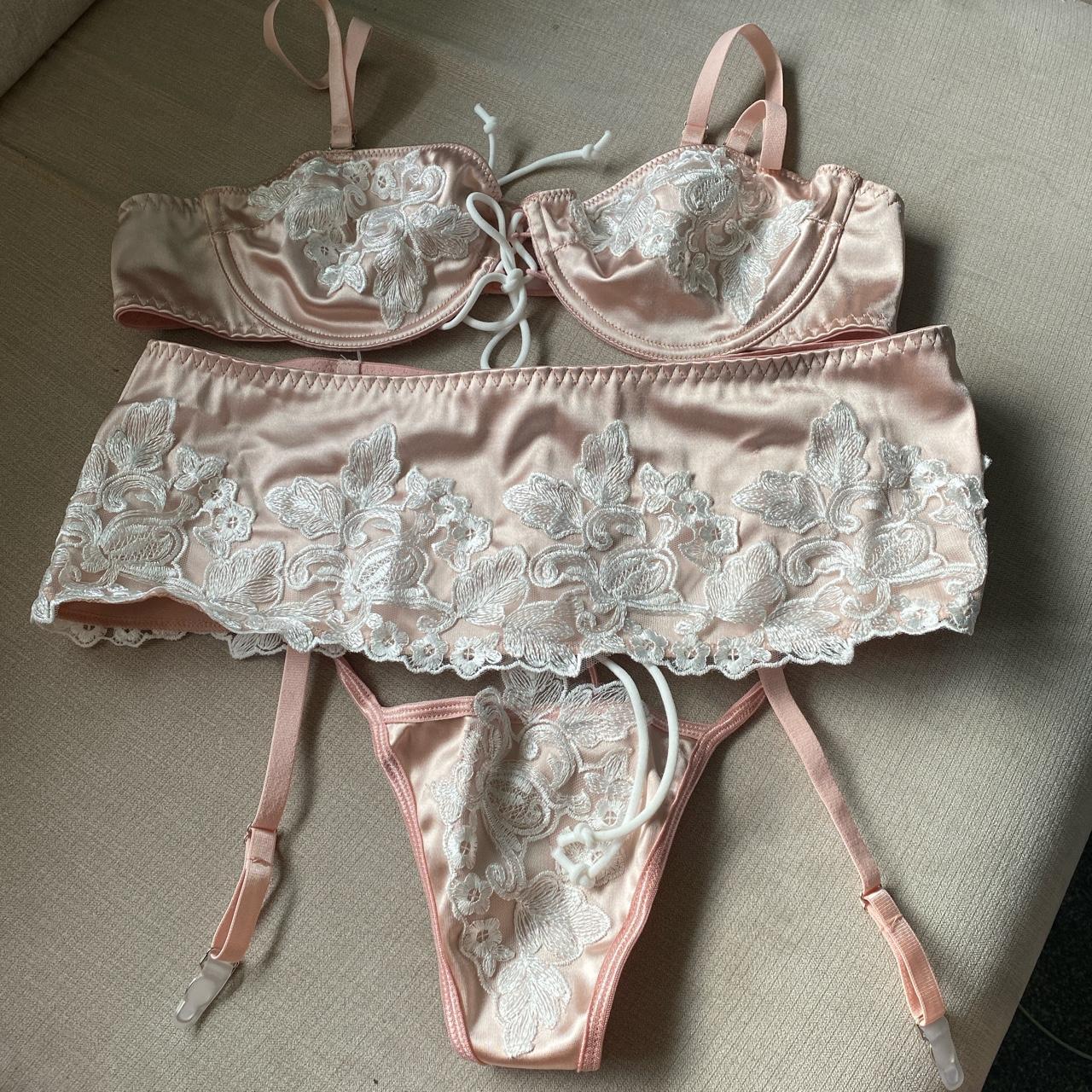 Shein Pink silk and lace 3 piece lingerie set Bra,... - Depop