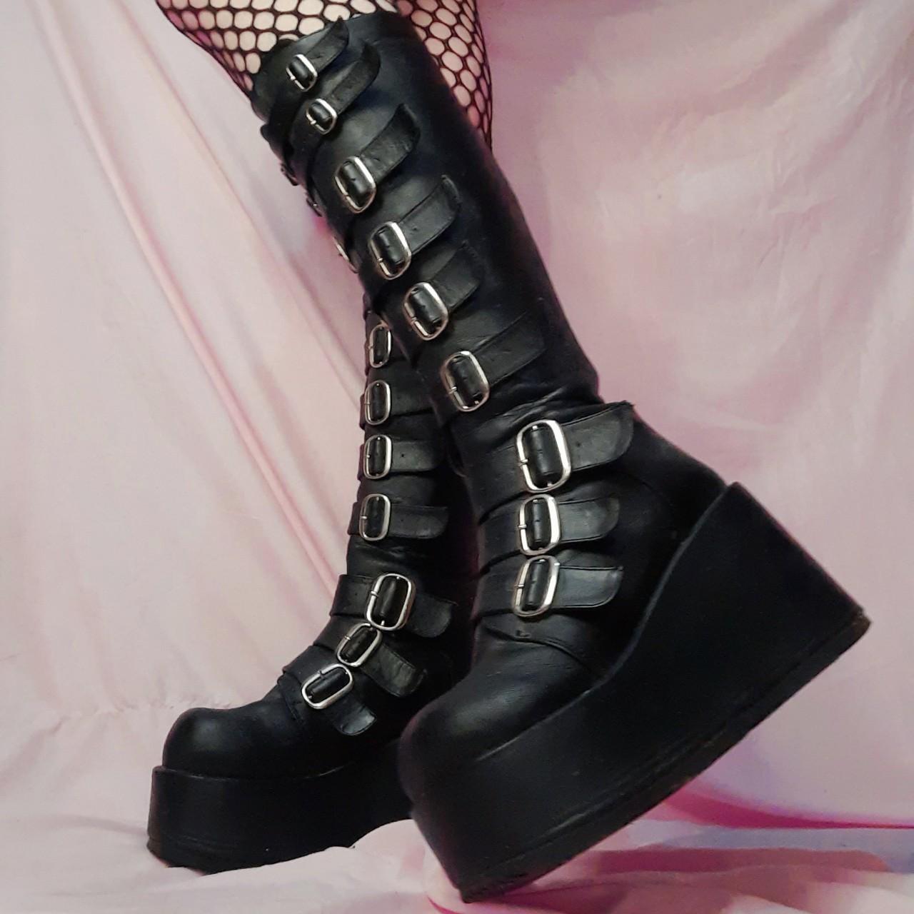 Demonia Women's Black and Silver Boots | Depop