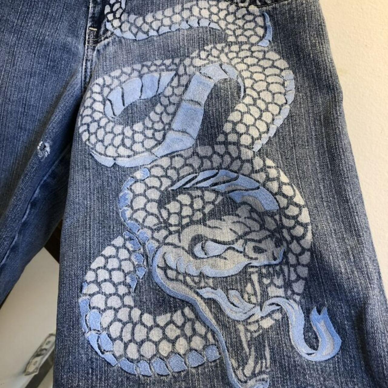 JNCO jeans 28 Python Snake Jorts Blue Embroidered... - Depop