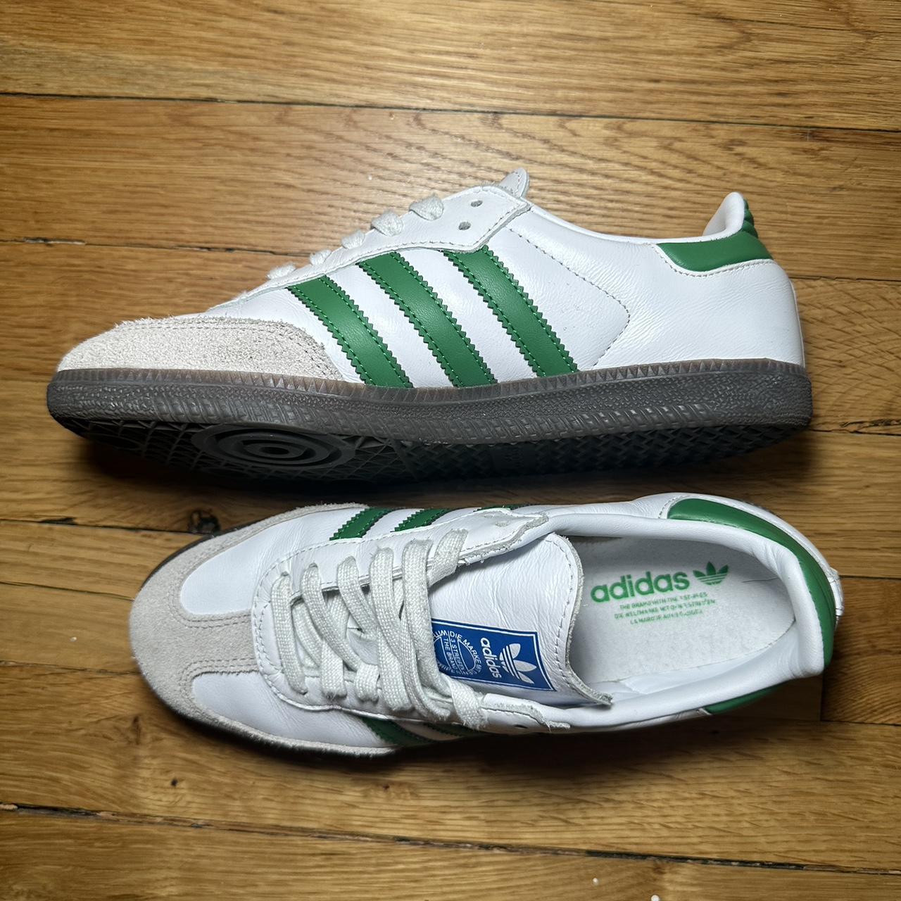 Adidas Sambas white/green In really good condition!!... - Depop