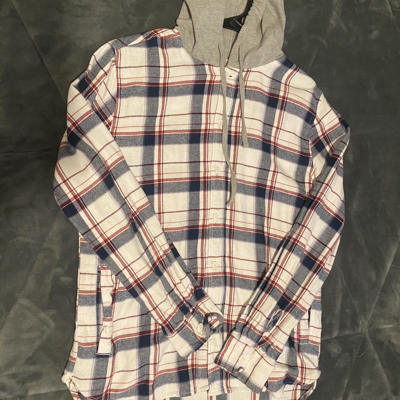 PACSUN Plaid flannel hoodie with a grey hood Depop