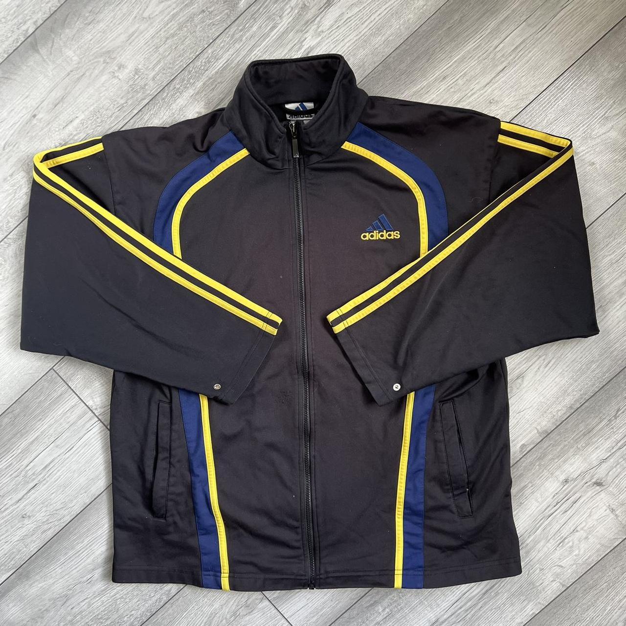 Black adidas jacket with yellow stripes best sale