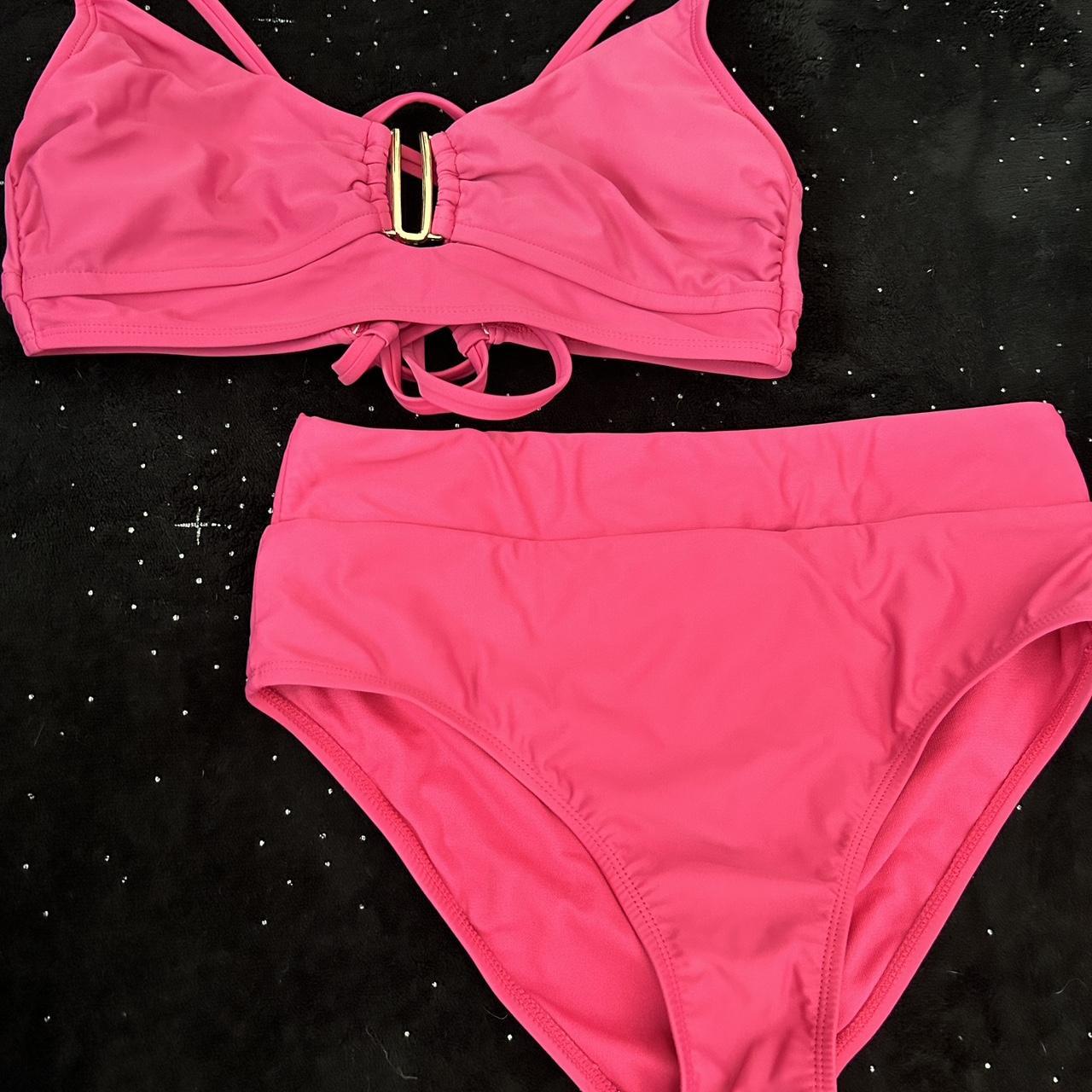 Hot pink 2 piece bathing suit, straps on the back - Depop