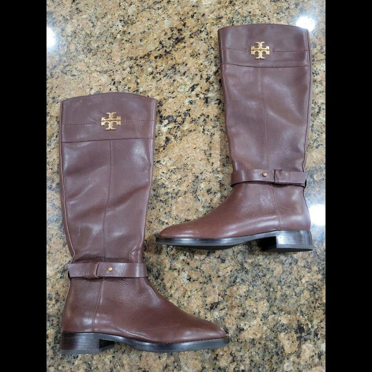 TORY BURCH Gold Logo Everly Brown Leather Knee High. Depop