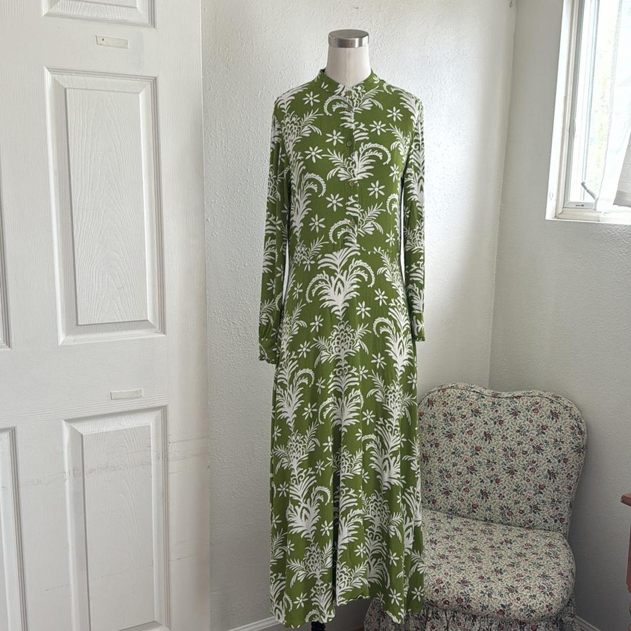 Zara Green White Floral Print Long Sleeve Tie