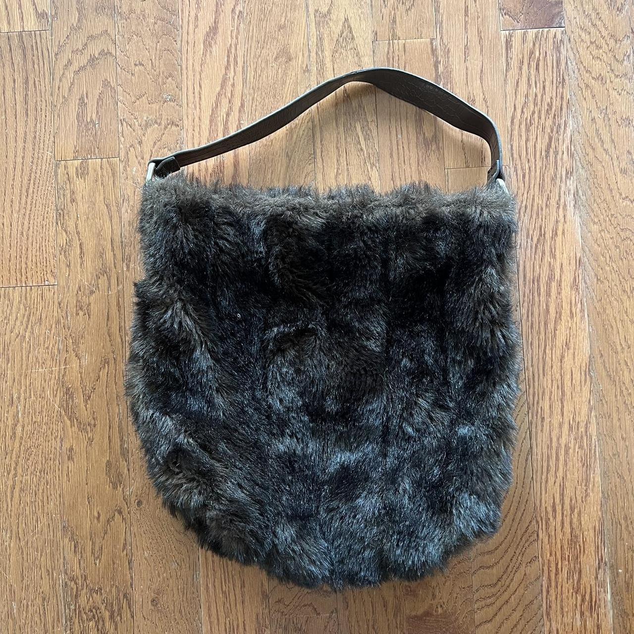 Y2k Brown Fur Shoulder Bag With Leather Strap Fur Is - Depop