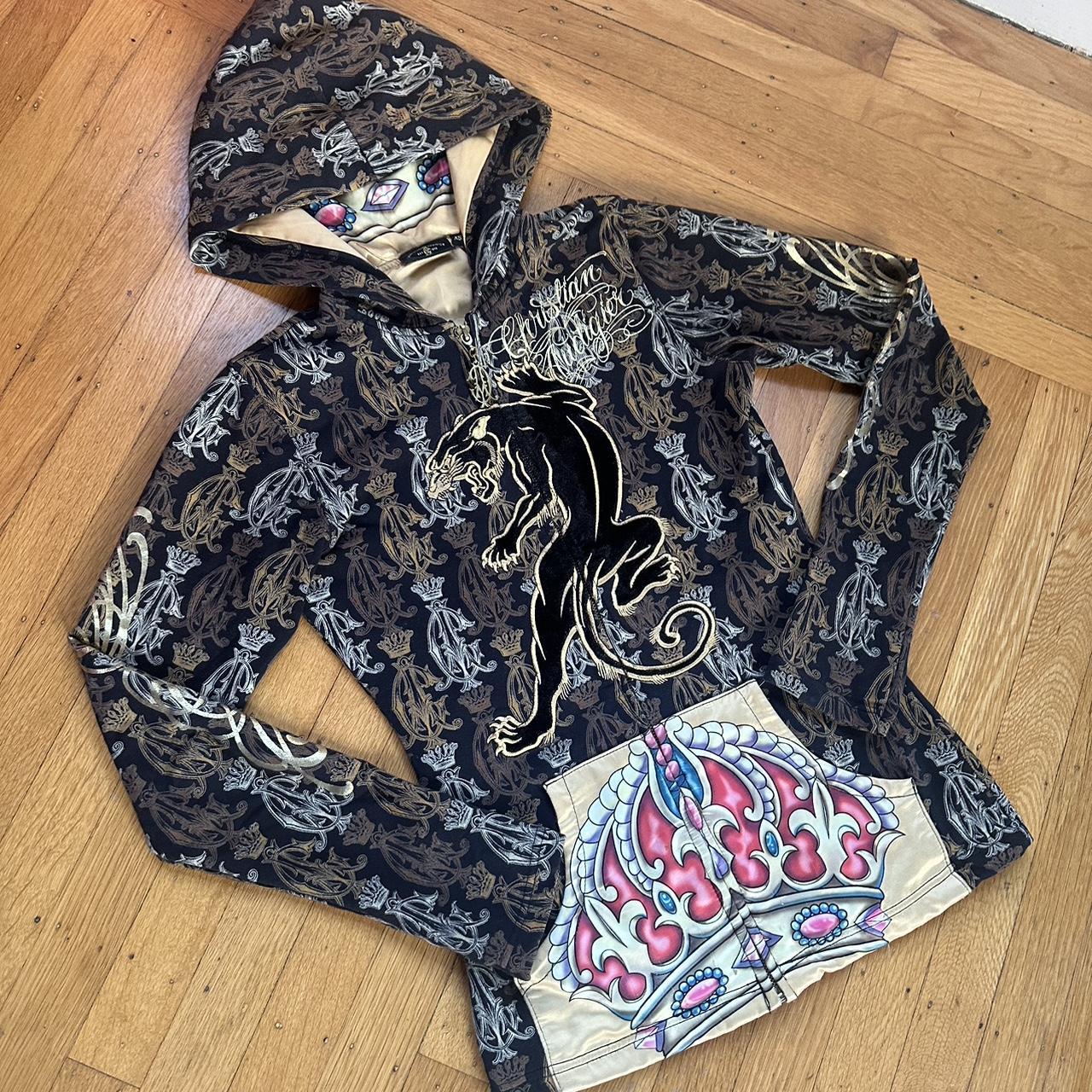 トップス 00s Christian Audigier double zip hoodie VTG CHRISTIAN AUDIGIER FULL ZIP HOODIE WHITE EMBELLISHED