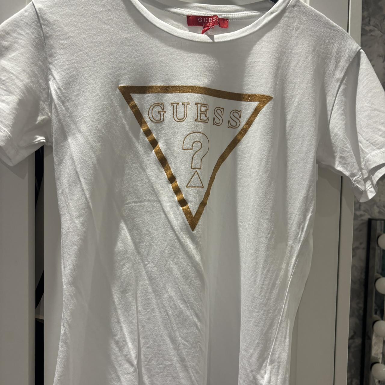 White Guess t shirt with gold logo Depop