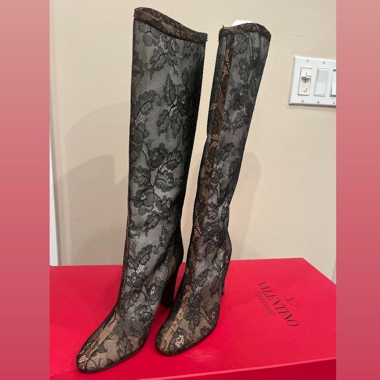 VALENTINO GARAVANI Black Nude Floral Lace Knee High | Depop