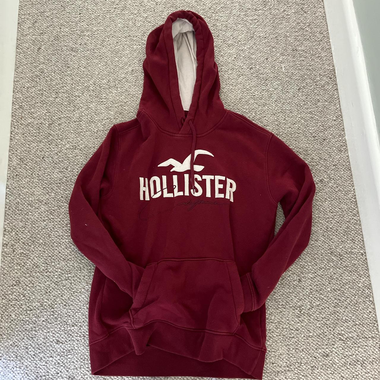 Burgundy and white Hollister hoodie with pockets. Depop