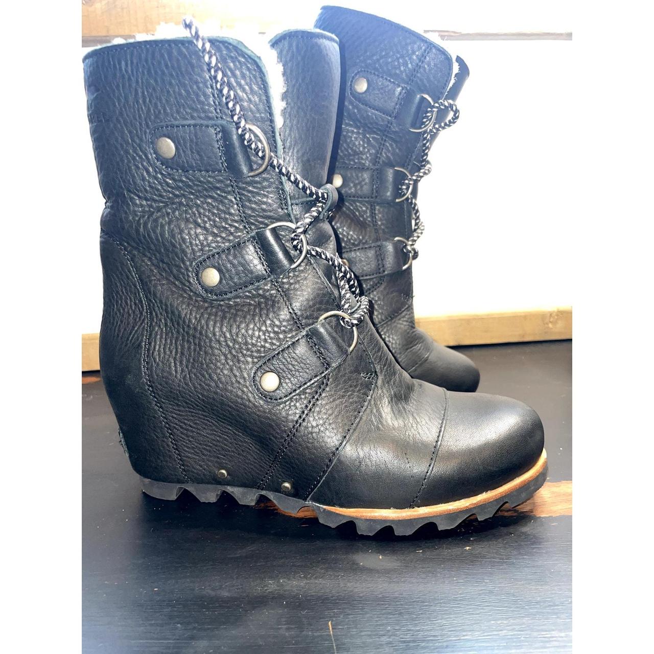 SOREL Joan Of Arctic Black Leather Wedge Boots Size. Depop