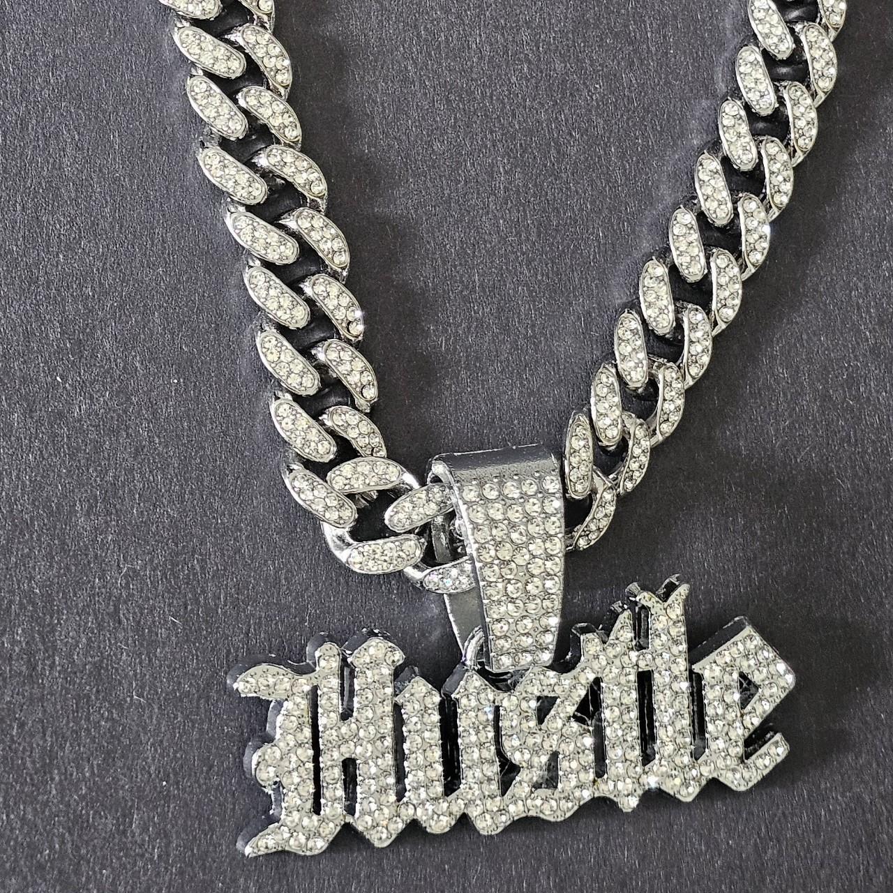 Chunky Cuban link iced out HUSTLE chain and pendant... - Depop