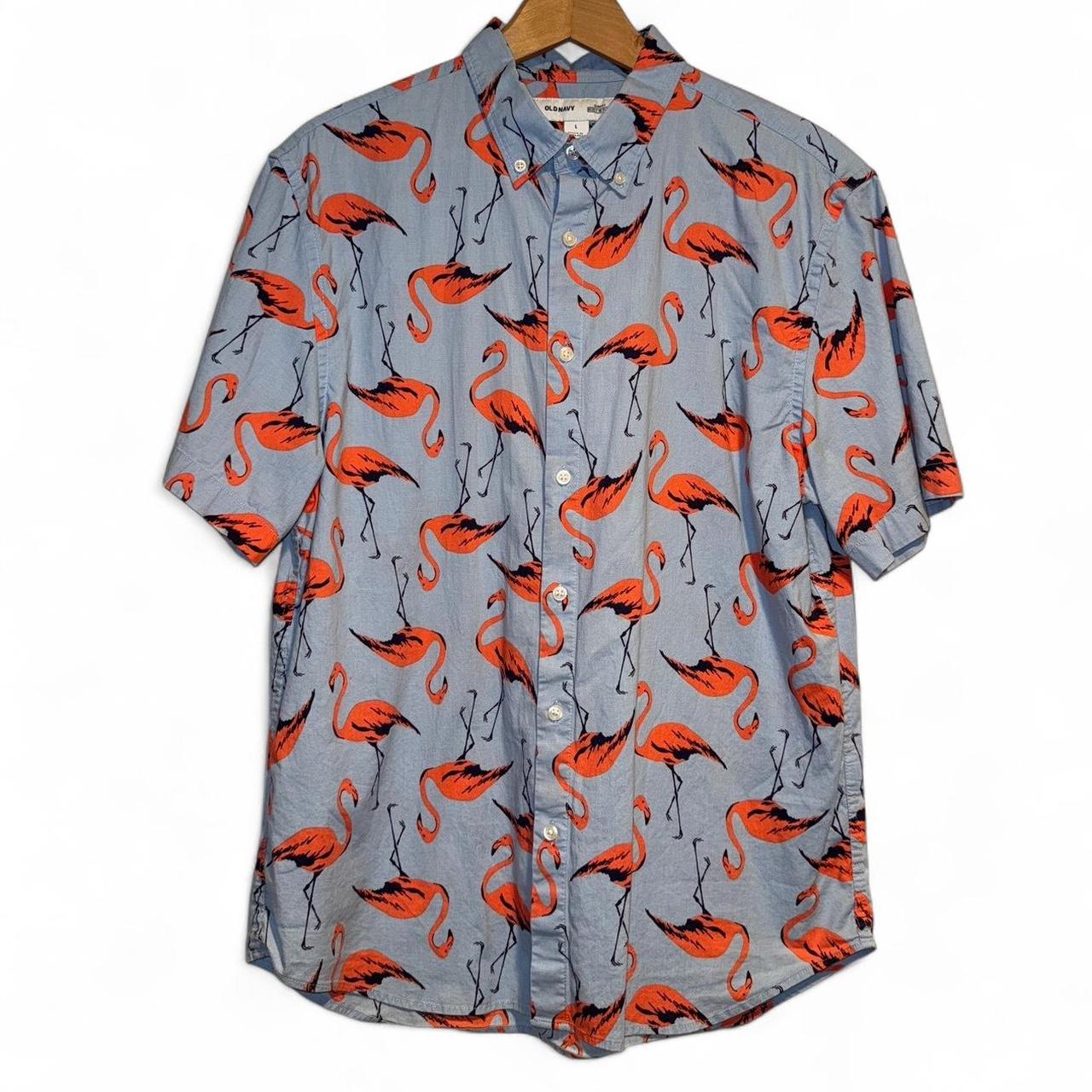 Old Navy Men's Shirt - Blue/Multi - L – Men's Old Navy Flamingo Buttoned Short Sleeve …