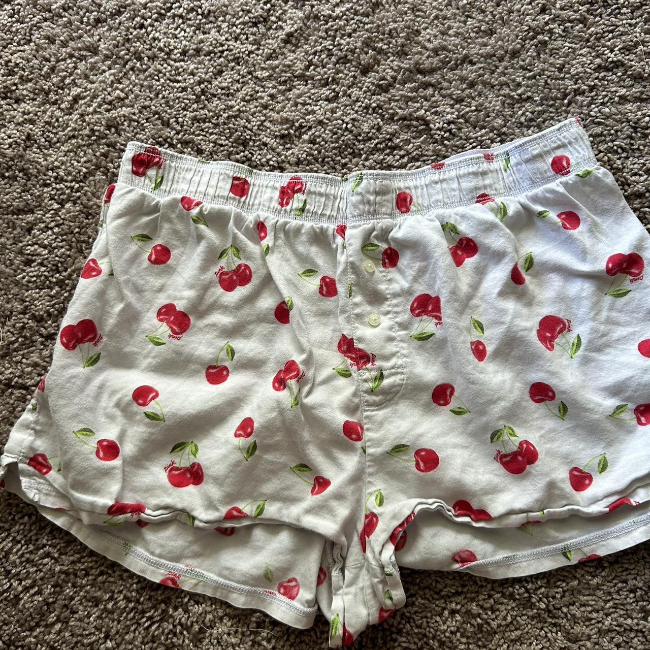 Adorable white Pink linen boxer shorts with a cherry... - Depop