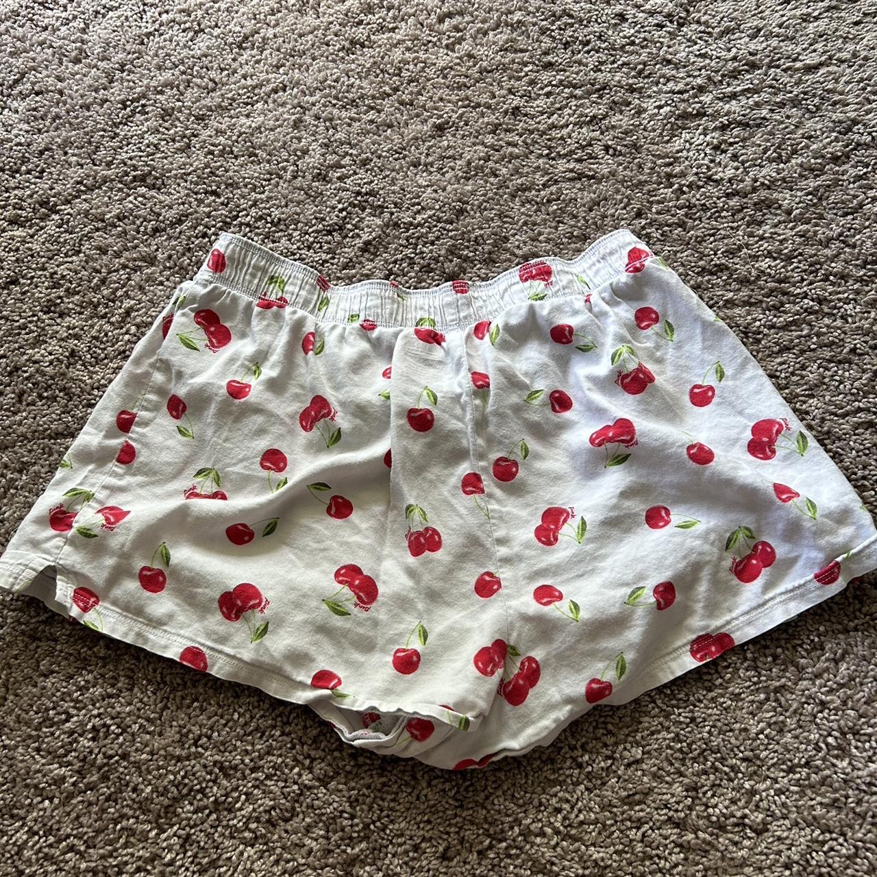 Adorable white Pink linen boxer shorts with a cherry... - Depop