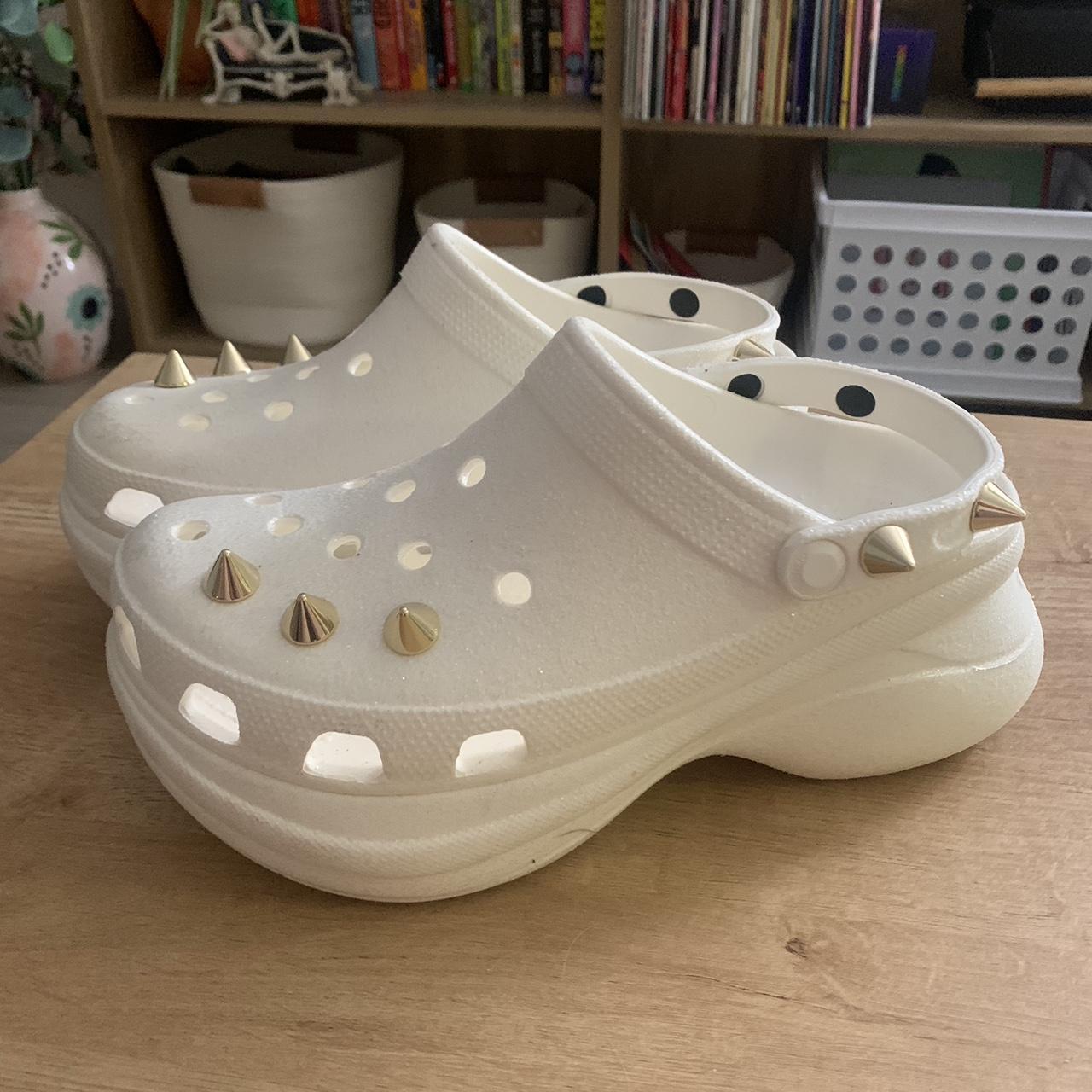 White glitter bae platform crocs with gold Depop