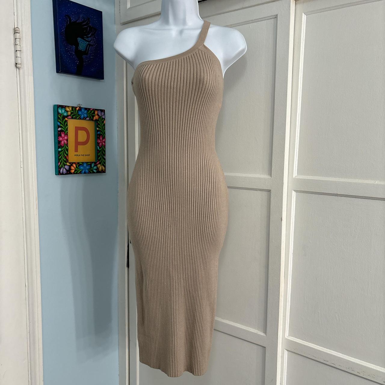 Tan midi knit one shoulder dress with cute Depop