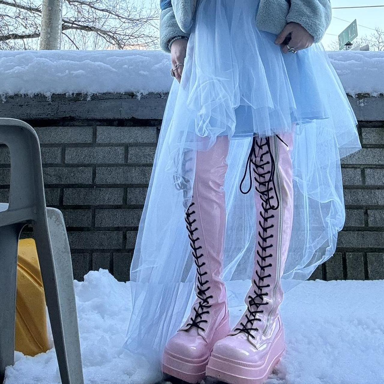 Pink holographic Demonia Shaker knee high boots!