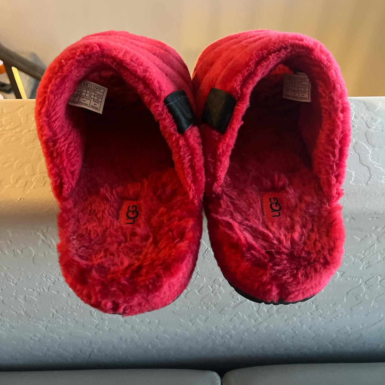 Fluffy Red Ugg slides size 13 - Depop