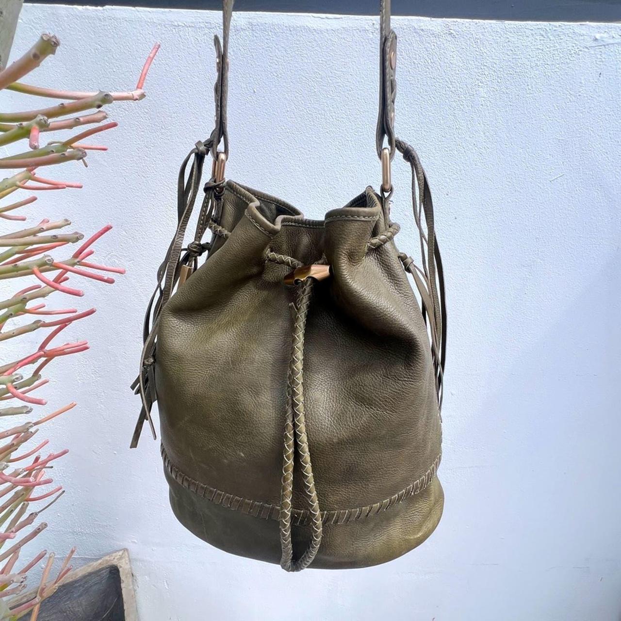 JOIE Olive Green Leather Drawstring Bucket Bag