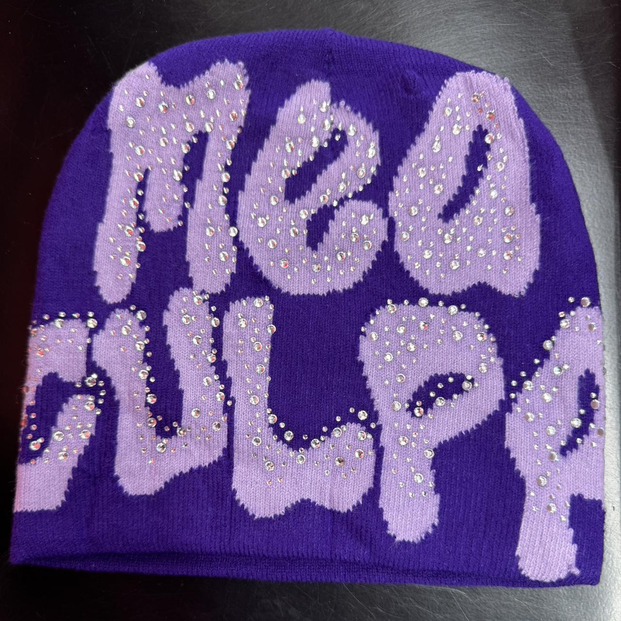 Purple and light purple rhinestones mea culpa beanie... - Depop