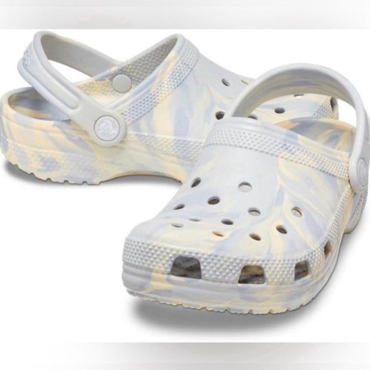 Blue and white tie dye crocs best sale