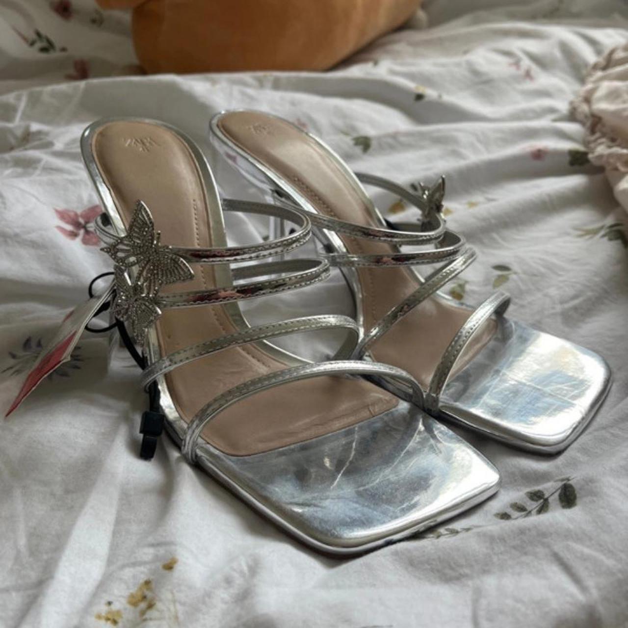 Depop Zara Silver Shoes Zara Silver Butterfly Heels #heels #zara